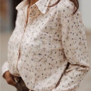 Women's Cream Floral Sequin Button-Up Shirt